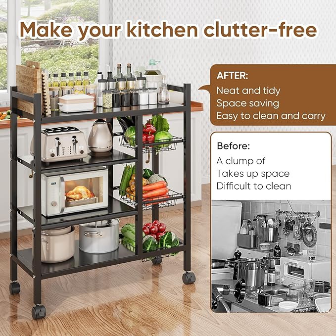 Kitchen Storage Bakers Rack with Wheels - Adjustable 4-Tier Microwave Stand with Storage Shelves, Kitchen Rack with 3 Wire Baskets,Microwave Stand, Metal Kitchen Cart for Pantry, (Black)