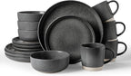 Famiware Milkyway Stoneware Dinnerware Sets with Mugs, Service for 4 (16 Pieces), Reactive Glaze Plates and Bowls Sets, Microwave and Dishwasher Safe Dishes Set, Matte Dark Charcoal