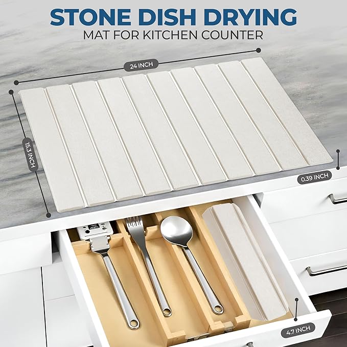 Premium Stone Dish Drying Mat – Large Foldable Kitchen Counter Mat, Super Absorbent Diatomaceous Earth with Coasters, Brush & Anti-Slip Pad – Fast Drying, White