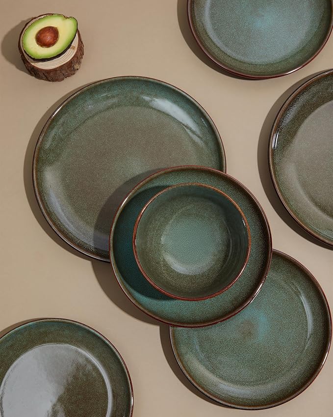 Stoneware Pasta Bowls Set of 6, 8.75 Inch Ceramic Bowl Set 32 Oz, Microwave & Dishwasher Safe Bowl Plates, Large Salad Bowl for Serving Soup, Pasta, Noodle, Dinner, Brown Green