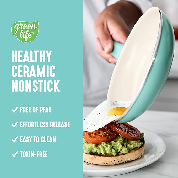 GreenLife Soft Grip 16 Piece Cookware Set, Non-Toxic PFAS-Free Ceramic Nonstick, Pots, Frying, Sauce, Saute, Glass Lids, Stay-Cool Handles, Wobble Free Bases, Dishwasher & Oven Safe, Turquoise
