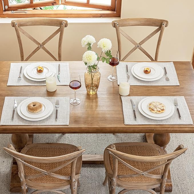 Blue Forest Placemats Set of 4, Dual-Layered Thickened Faux Linen Cloth Place Mats Heat Resistant Machine Washable Wrinkle Free Table Mats Indoor/Outdoor (Cream Beige)