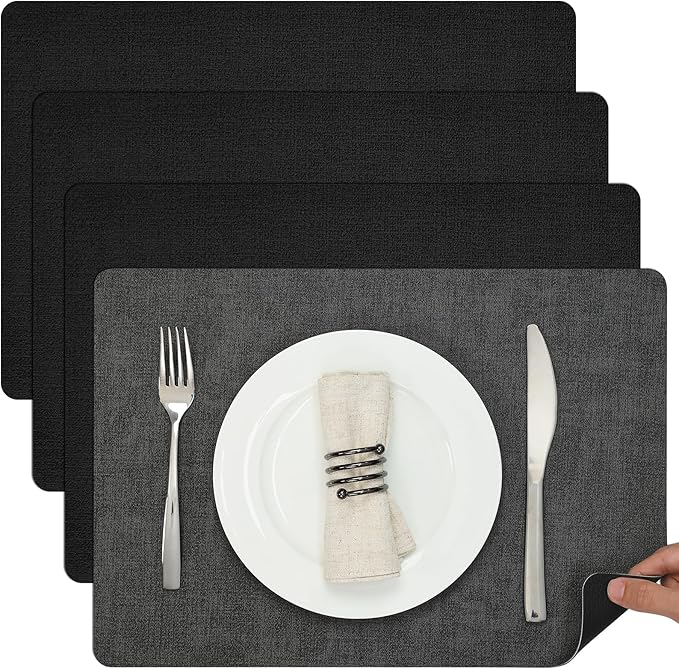 Myir JUN Dual Sided Faux Leather Place Mats Set of 4, Indoor & Outdoor Placemats - Non-Slip, Washable, Square (Gray Black)