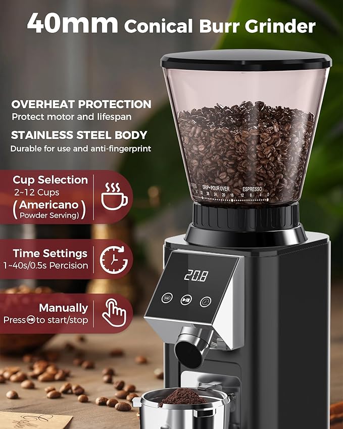 Tuni G1 Conical Burr Coffee Grinder, 48 Grind Settings Anti-static Burr Mill, Precision Electronic Timer and LED Touchscreen for Espresso/Drip/Cold Brew/French Press, Stainless Steel, Noir
