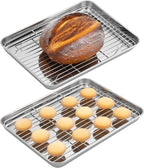 Navaris Quarter Sheet Baking Pan Breading Trays w Racks - Stainless Steel Baking Sheet with Wire Rack Insert for Oven Cooking - Cookie Bacon Tray - Set of 4 12.2X 9.4” (31x24cm)