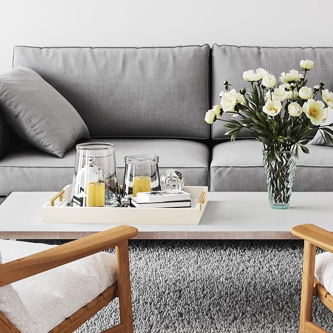 17" x 12" Wood Serving Tray with Gold Polished Metal Handles, Home Decorative Wooden Rectangle Ottoman Leather Decor Platter Bathroom Vanity Tray for All Occasions White