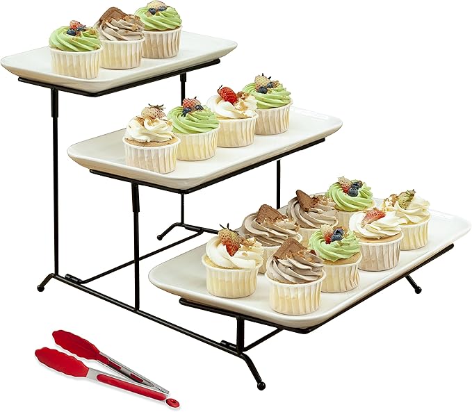 Happy Kit 3 Tier Serving Tray with Serving Tong, Ceramic Rectangular Serving Platters for Cupcake Stand Display, 16/14/12inch Tiered Serving Tray with Collapsible Sturdy Metal Rack for Dessert Server