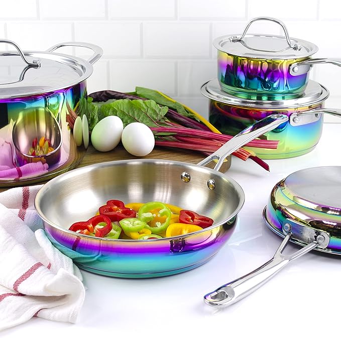The Magical Kitchen Collection - Iridescent Rainbow Cookware Set - Premium Heavy Duty Stainless Steel and Titanium Pots & Pans Set - Rust Proof, Induction Stove & Oven-Safe (10 Piece)