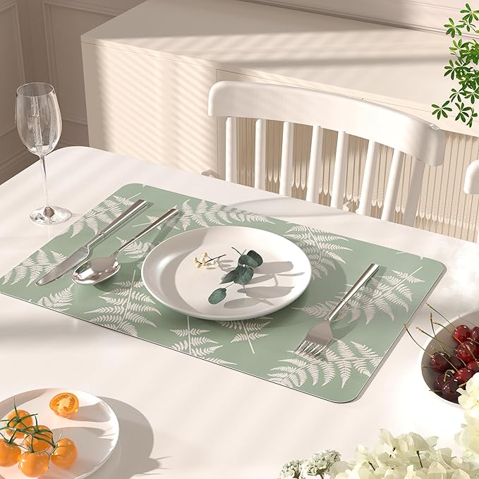 QIYI Placemats Set of 6, 12x18 Inch PU Leather Place Mats for Kitchen Dinning, Heat Resistant Anti Slip Green White Table Mats, Waterproof Wipeable Washable Placemat Party Table Décor, Fern Leaves