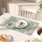 QIYI Placemats Set of 4, 12x18 Inch PU Leather Place Mats for Kitchen Dinning, Heat Resistant Anti Slip Green White Table Mats, Waterproof Wipeable Washable Placemat Party Table Décor, Fern Leaves