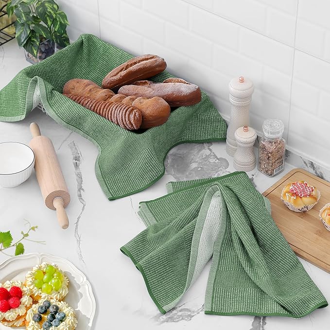 Homaxy Premium Kitchen Towels(18”x 28”, 6 Pack), Large Cotton Kitchen Hand Towels, Flat and Terry Dish Towels, 380 GSM Highly Absorbent Tea Towel Set with Hanging Loop, Grass Green