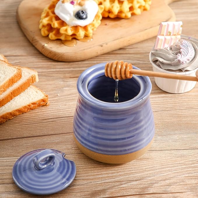 Hasense Honey Jar with Dipper, Ceramic Honey Dispenser Pot with Lid and Wooden Dipper, Vintage 12 oz Containers for Home Kitchen Coffee Bar Decor, Dishwasher Safe, Sky Blue