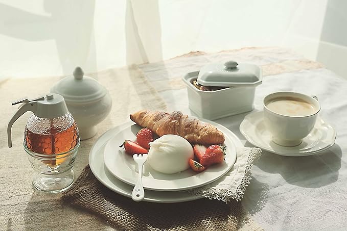 Stainless Steel Shaft, Glass Honey Dispenser, Chrome-Plated ABS Silver Lid – No Drip Glass with Stand – 8 oz Honey Jar – Honeycomb Design Container – Honey Pot for Honey, Maple Syrup (White)