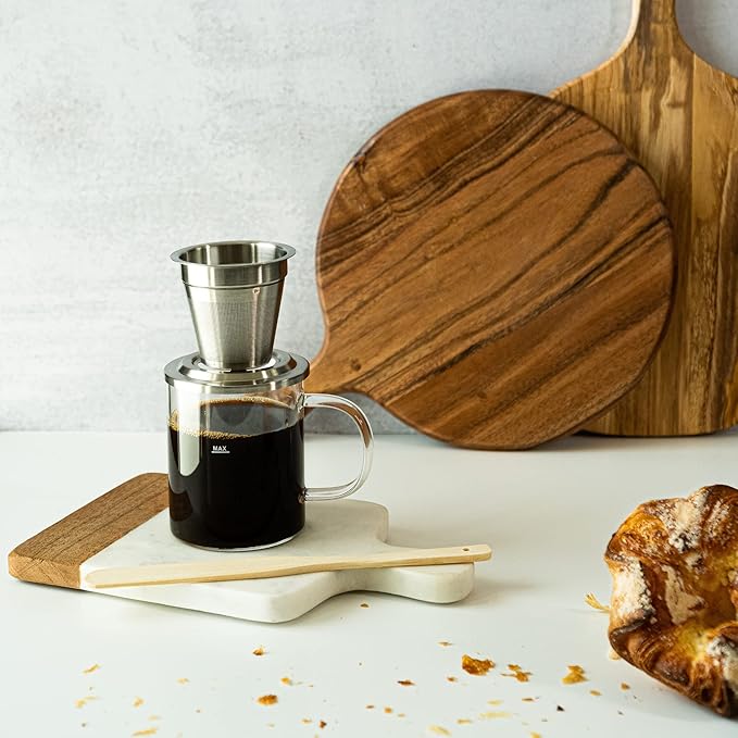 Travel Glass Pour Over Coffee maker Set 4pcs (Gray) | 18/2 Stainless Steel Filter Dripper and Lid | BPA Free Borosilicate Glass Mug | Paperless Drip Coffee Maker Pour Over For Coffee Lovers