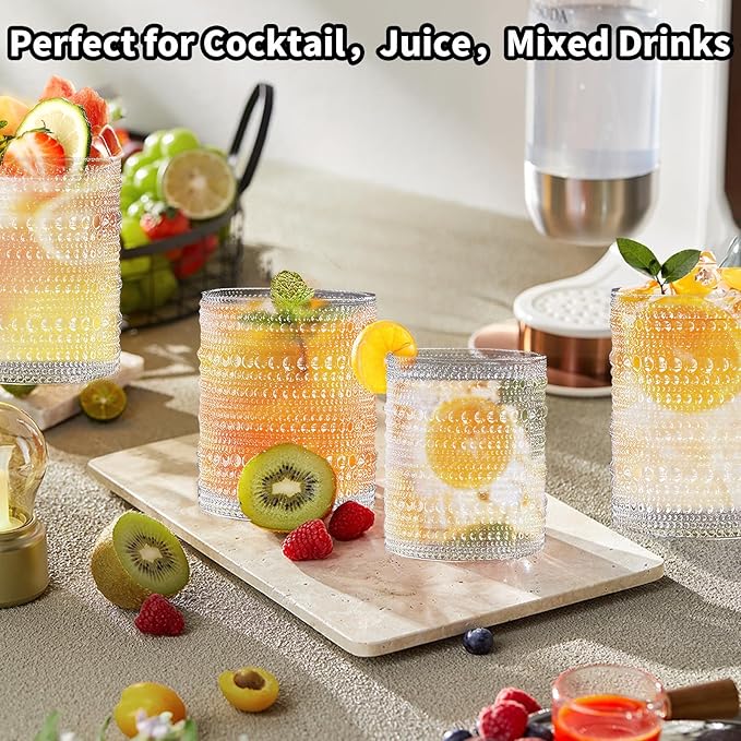 Hobnail Drinking Glasses，12 oz Glasses Drinking Set of 6，Vintage Glassware，Whiskey/Cocktail/Juice/Beer/Water/Kitchen Glasses for Bar Tumbler Glassware，Vasos De Vidrio Glass Cups Set for Mixed Drinks