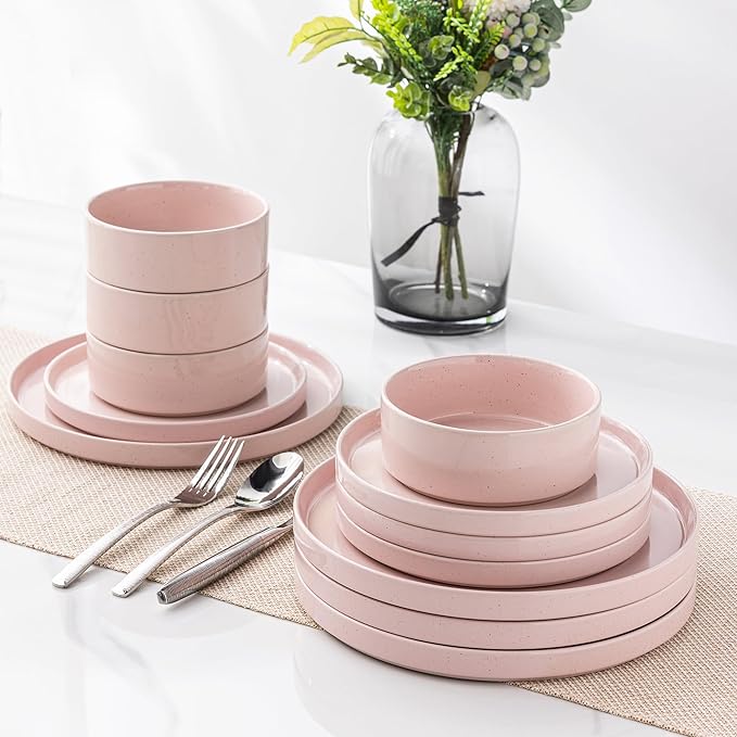 GBHOME Dinnerware Set for 4, 12 Piece Speckled Plates and Bowls Set with Glazed Bottom, Chip & Scratch Resistant Stoneware Plates Sets, Dishwasher & Microwave Safe Dishes (Pink, Service for 4)