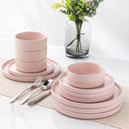 GBHOME Dinnerware Set for 4, 12 Piece Speckled Plates and Bowls Set with Glazed Bottom, Chip & Scratch Resistant Stoneware Plates Sets, Dishwasher & Microwave Safe Dishes (Pink, Service for 4)