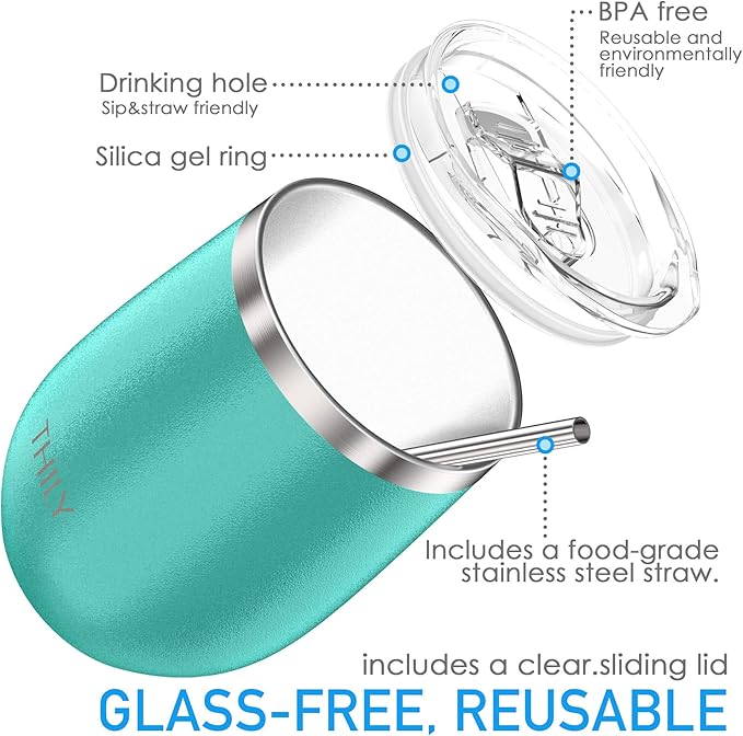 THILY Stainless Steel Stemless Wine Glasses 12 oz Vacuum Insulated Wine Tumbler with Lid and Straw, Reusable, Keep Cold & Hot for Drinks, Coffee, Cocktails, 2 Pack(Teal + Marble)
