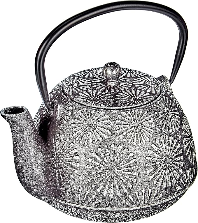 IBILI 40 Oz Bali Cast Iron Teapot | Made in Spain | Stainless Steel Infuser, Enameled Interior, Stovetop & Induction Compatible, Japanese Kettle for Loose Leaf Tea, Tetsubin Design, Silver