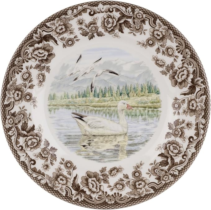Spode Woodland Snow Goose Salad Plate - 8 Inch Fine Porcelain with British Flowers Border, Microwave, Freezer, Oven & Dishwasher Safe - Rustic American Wildlife Tableware, Made in England