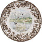 Spode Woodland Snow Goose Salad Plate - 8 Inch Fine Porcelain with British Flowers Border, Microwave, Freezer, Oven & Dishwasher Safe - Rustic American Wildlife Tableware, Made in England