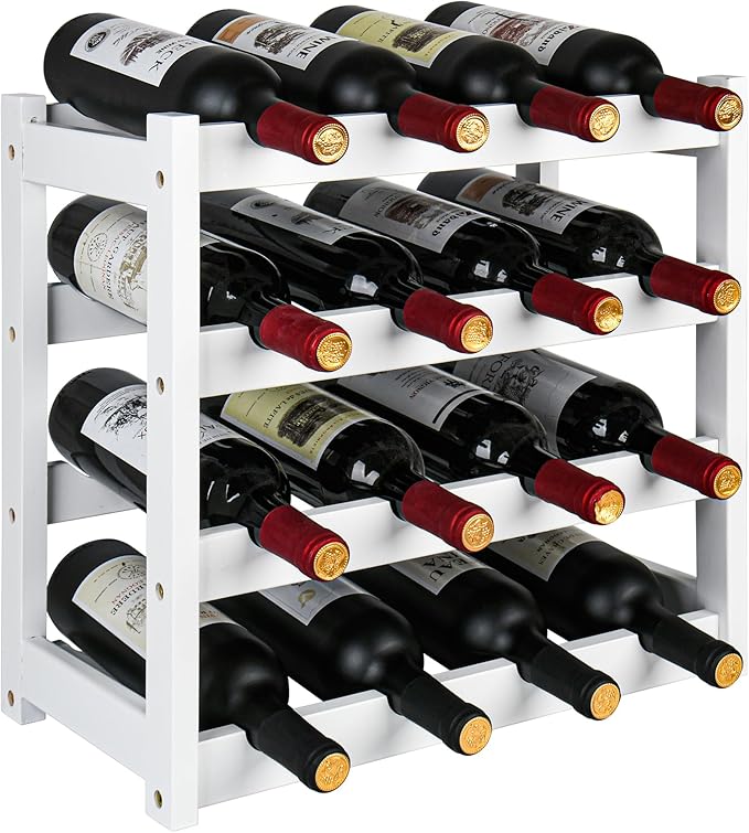 VASMIA Wine Rack, 4-Tier Bamboo Wine Racks Countertop,Sturdy and Durable Wine Storage Cabinet Shelf,16 Bottles Wine Holder for Kitchen Pantry, White