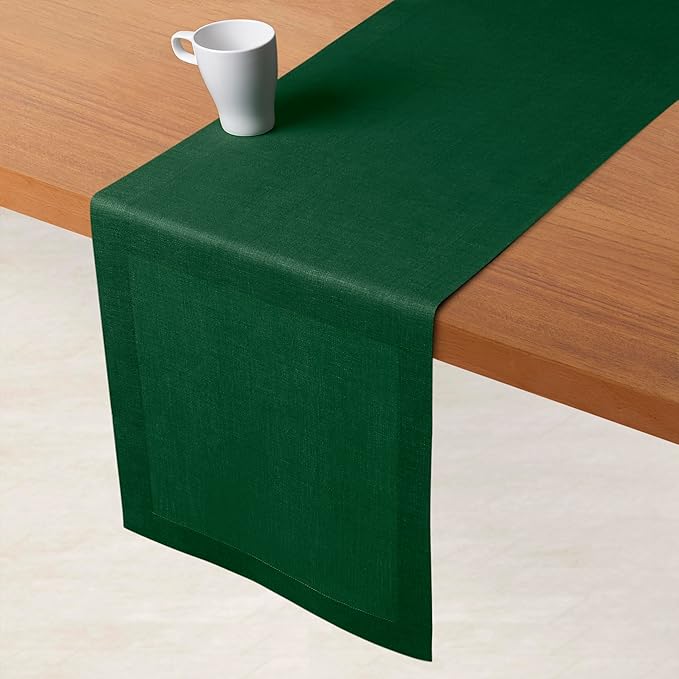 D'Moksha Homes Linen Forest Green Table Runner 120 Inches Long - 100% Pure Linen Dining Table Runner 14 x 120 Inch for Summer, Fall and Halloween - Machine Washable
