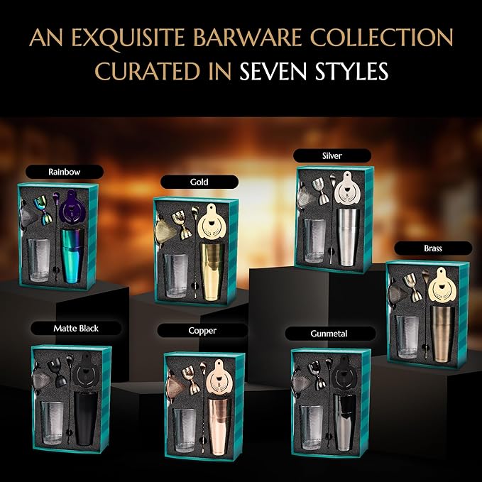 Shaken & Stirred Cocktail Set by Bull in China - Premium Bartender Gift Set w/ 2 Piece Weighted Shaker, Hammered Jigger, Hawthorne Strainer, Fine Mesh Strainer, Mixing Glass & Barspoon (Gold)