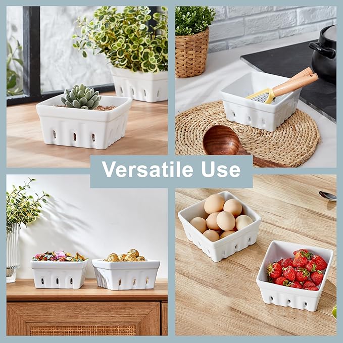 ONEMORE Berry Basket Ceramic Berry Bowls with Holes Square Fruit Bowl Berry Colander Containers for Fridge - 5.8" Fruit Basket for Kitchen Décor, Set of 2, White