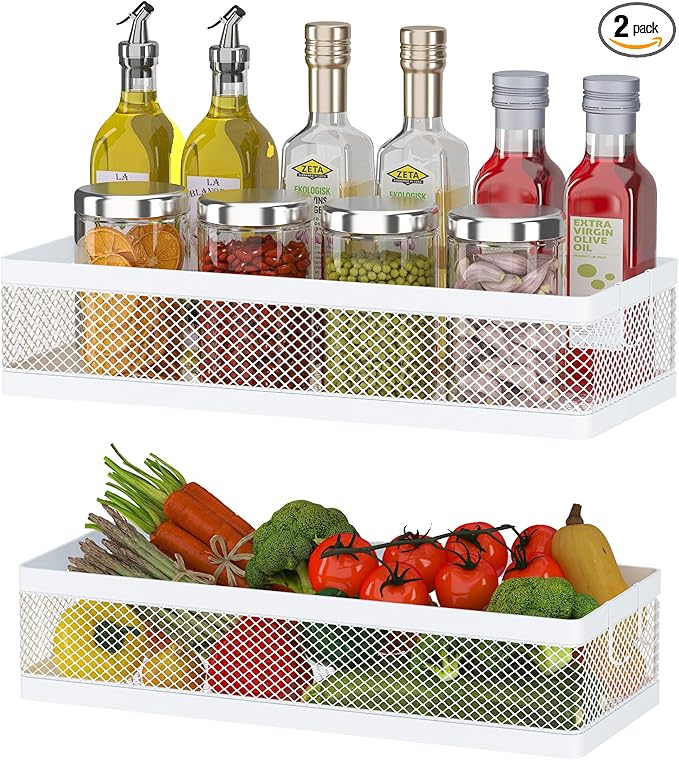 PUSDON Hanging Storage Baskets Organizer Wall Mount, Metal Wire Storage Bin Rack for Kitchen Bathroom Shower Spice Shelf Home Decor Essentials White-2 Packs (Netting)