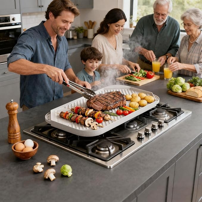 Nonstick Griddle Grill Pan - 19.5" x 11" Reversible Griddle Pan for Stove Top, Grill, or Campfire, Two Burner Cast Aluminum Grill, Rectangular Baking Flat and Ribbed Griddle Plate, Beige