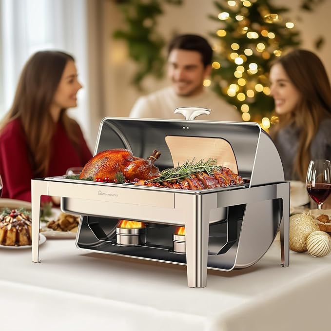 Roll-Top Chafing Dishes for Buffet with Glass Window (9QT) - Rectangular Food-Grade Stainless Steel Chafers for Catering with Rolled Rim Design, for Party, Banquet (1/2 Size Food Pan)