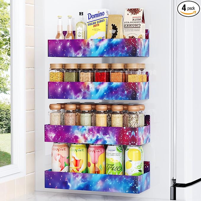Magnetic Spice Rack for Refrigerator, Kitchen Organizer and Storage Shelf, Starry Sky(4 Pack)