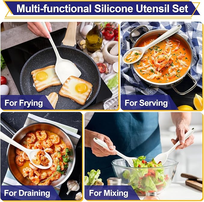 P&P CHEF Kitchen Utensil Set, 4 Pieces Non-stick Silicone Cooking Utensils, Heat-resistant Slotted Solid Spoon Turner for Frying, Mixing, Serving, Non-toxic & Easy to Clean, White
