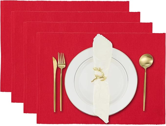 Cloth Placemats Set of 4, Cotton Blend Durable Layered Table Mats, Non-Slip Wrinkle Free Place Mats for Dining Table, Easy to Clean (Chinese Red, 13x19 Inch)