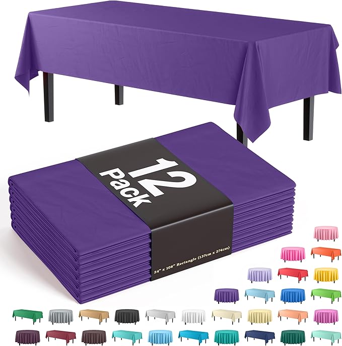 Exquisite Party Solids 12-Pack Premium Plastic Tablecloth 54in. x 108in. Rectangle Table Cover - Purple