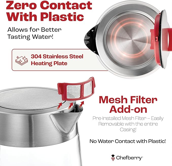 Electric Kettle for Boiling Hot Tea & Water | 1.8L Stainless Steel Borosilicate Glass Boiler With No Plastic, Automatic Shutoff, BPA Free, Fast Heating Technology