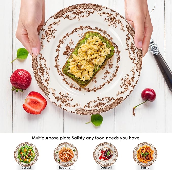 Dinner Plates Set of 6, Ceramic Kitchen Plates Microwave Safe Plates, 10.5 Inch Porcelain Dinner Plates Floral, Brown
