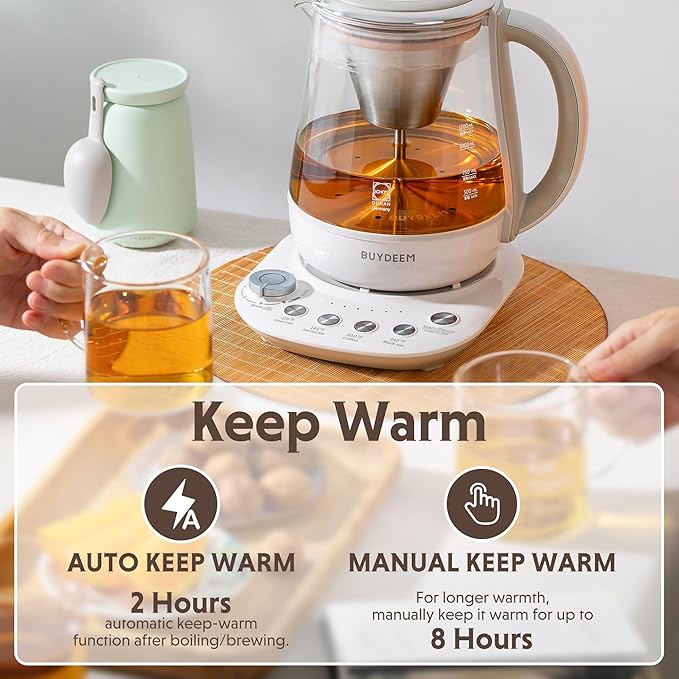 BUYDEEM K156 Tea Maker, Electric Kettle for Coffee and Tea Brewer, 6 Brew Strength Selection for Extracting, 4 Temperature Settings, Boil Dry Protection, 2 Hours Auto Keep Warm, Oat White, 1.5L/1.6QT