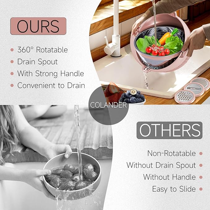 4-1 Colander with Bowl Set - Food Strainer with Graters & Spoons - Colanders for kitchen - Strainers and Colanders - Strainer Bowl Fruit Cleaner with Colander Pasta Rice Strainer for Veggie Wash Pink