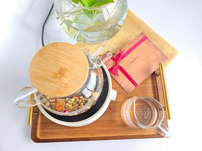Bamboo Serving Tray with Gold Handles - Large Wood Serving Tray for Breakfast in Bed, Coffee Table, Dinner & bar - Decorative Bed Table Tray for Kitchen or Bedroom（14" x 9.5" x 2"）