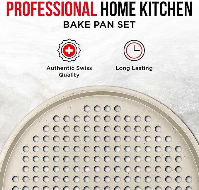 Bakken Pizza Baking Pan - Round Perforated Carbon Steel Pan with Non-Stick Marble Coating, Oversized Silicone Handle, Dishwasher Safe, High-Temperature Resistant, Durable & Easy Cleanup White, 1 Pack