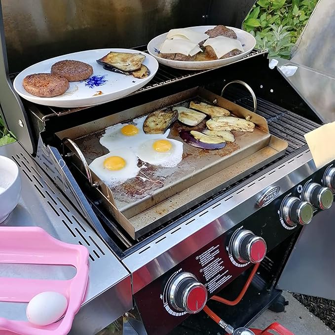 only fire Universal Stainless Steel Cooking Griddle, Flat Top Plate Insert with Grease Groove and Handles for Gas and Charcoal Grills, Tailgating, Camping and Parties, 23" x 16"