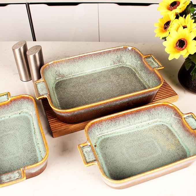 Rectangular 9.5 x 7 Casserole Dish, 47 oz Ceramic Au gratin Baking Dish with Handles, or for mixing, salad, pasta plate, Best gift for those who love baking, Microwave, Oven safe