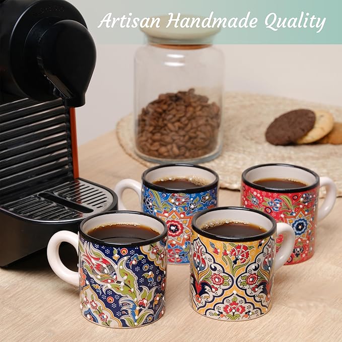 Ceramic Espresso Cups, 5 Oz Espresso Cups Set of 4, Handmade Espresso Cup, 2.75 Inch Espresso Mugs, Multicolor Demitasse Cups, Microwave & Dishwasher Safe Espresso Mugs, Coffe Mug Set (FLOWER BLOOM)
