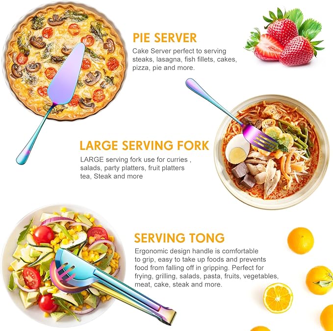 Patelai Serving Utensils Set Include Stainless Steel Large Spoons Slotted Spoons Forks Tongs Soup Ladle and Pie Server for Parties Buffet Catering, Dishwasher Safe(Rainbow,10 Pieces)