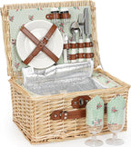 ZORMY Wicker Picnic Basket for 2 Person, Willow Hamper Basket Sets with Insulated Compartment, Handmade 2 Person Picnic Basket for Camping - Flower