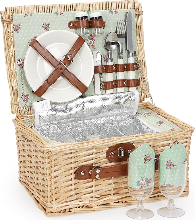ZORMY Wicker Picnic Basket for 2 Person, Willow Hamper Basket Sets with Insulated Compartment, Handmade 2 Person Picnic Basket for Camping - Flower