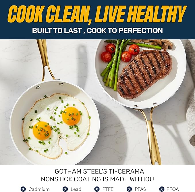 Gotham Steel 12 Pc Ceramic Cookware Set Nonstick, Ceramic Pots and Pans Set Non Stick with Steamer for Cooking, Non Toxic PFOA PFOS Free, Premium Stay Cool Handles, Oven & Dishwasher Safe