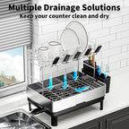 Dish Drying Rack, 2 Tier Large Dish Rack, Stainless Steel Dish Drainer for Kitchen Counter, Dishes Rack with Automatic Drainage, Utensil Holder,Cups Holder,Space Saving Kitchen Organizer,Black